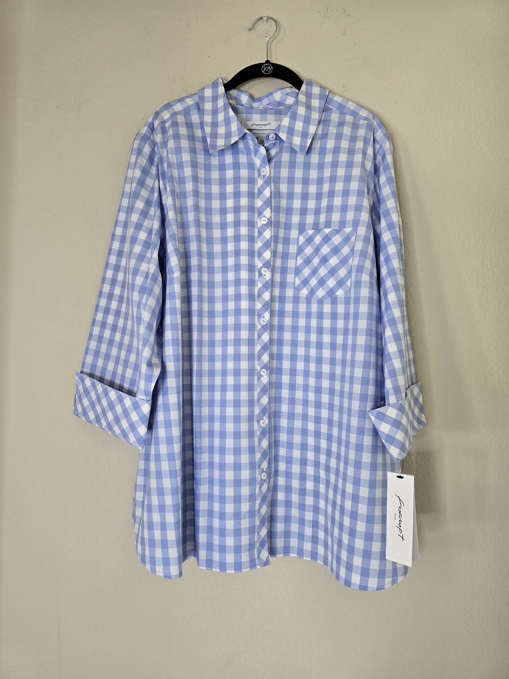 NEW Foxcroft Heritage Shirt 3/4 Cuff Sleeve Plus 22W Blue Buoy Check Non Iron